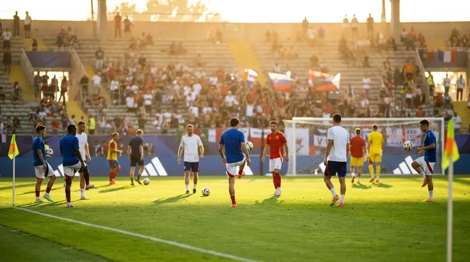 Giocatori di calcio durante il riscaldamento prima di una partita della fase a gironi della Coppa del Mondo