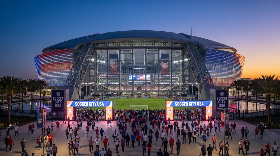Esterno di un grande stadio moderno illuminato la sera prima di una partita della Coppa del Mondo con i tifosi che entrano