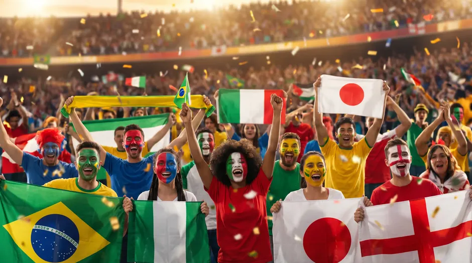 Tifosi con bandiere nazionali sugli spalti di uno stadio di calcio durante una partita internazionale