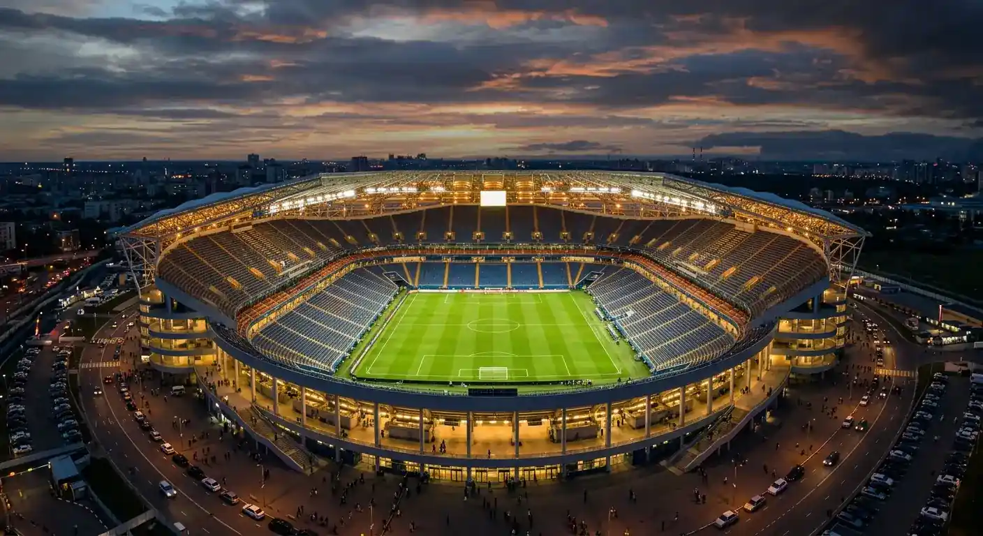 Grande stadio dei Mondiali 2026 illuminato prima di una gara a eliminazione