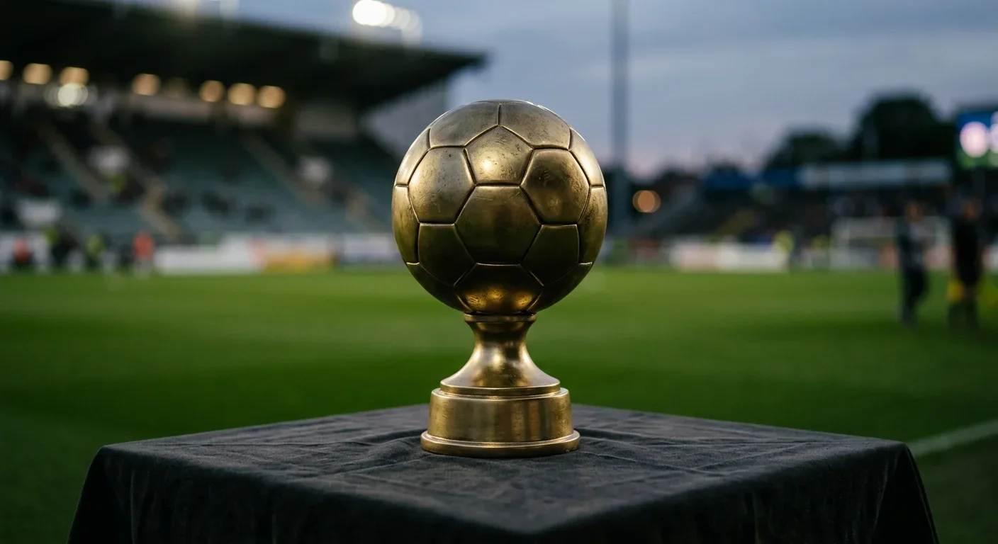 Un premio individuale calcistico dorato appoggiato su un tavolo sul bordo del campo