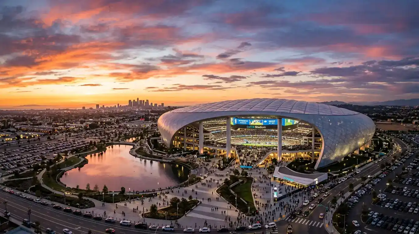 Stadio SoFi di Los Angeles durante una partita serale dei Mondiali 2026