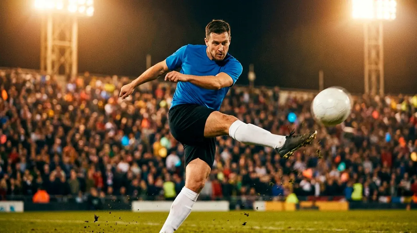 Calciatore calcia il pallone in una gara internazionale in notturna