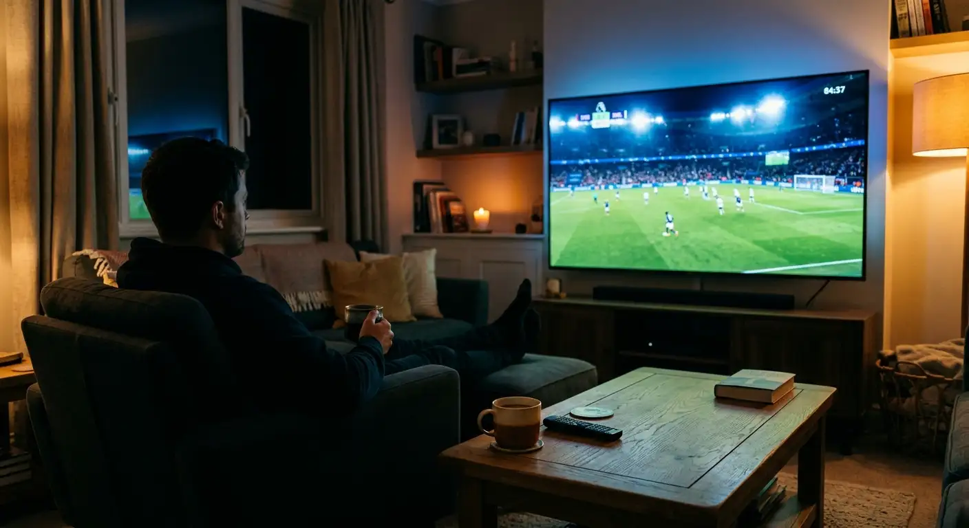 Cavi e telecomando davanti a uno schermo acceso con una partita di calcio