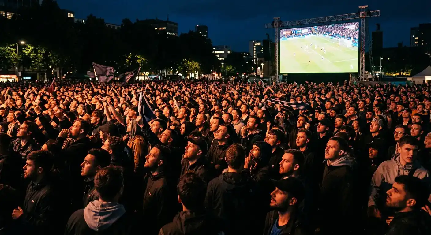 Tifosi seguono in notturna una partita dei Mondiali 2026 su un maxischermo