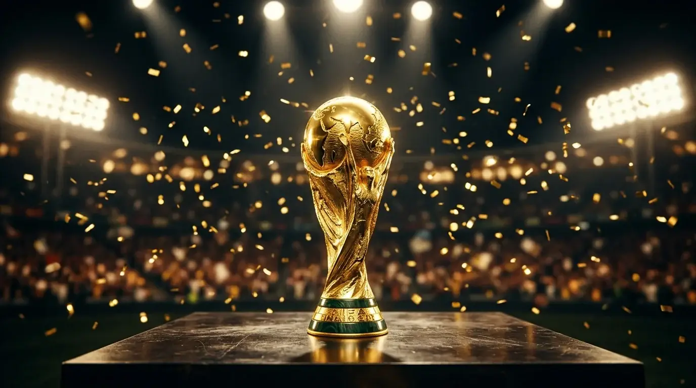Il trofeo della Coppa del Mondo illuminato sul palco al termine della finale dei Mondiali 2026