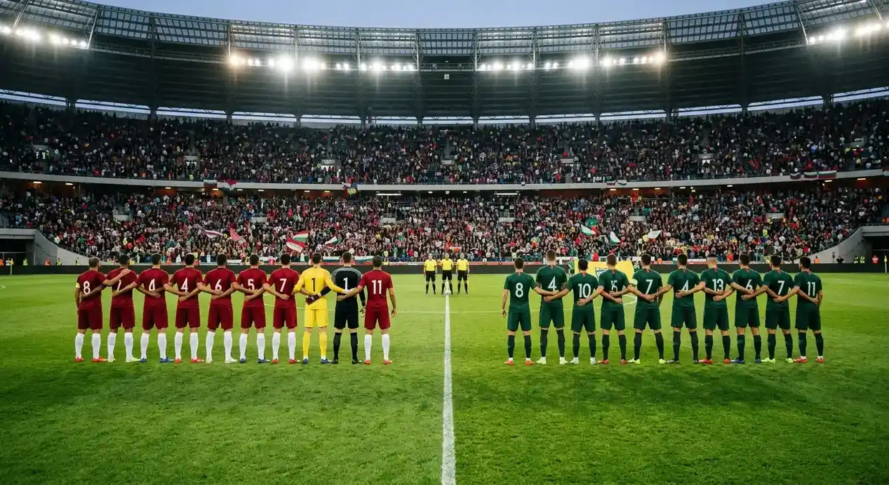 Due squadre di calcio in campo prima del calcio d'inizio in uno stadio dei Mondiali 2026